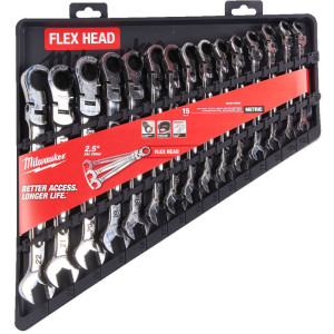 Sada ráčnových kombinovaných klíčů s kloubovou halvou MILWAUKEE – 15 ks