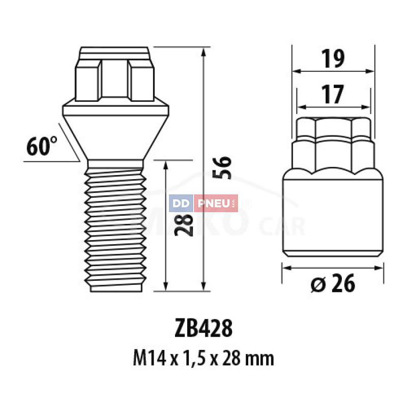 Pojistné šrouby ZB428 M14x1,5x28mm kužel – klíč 17/19