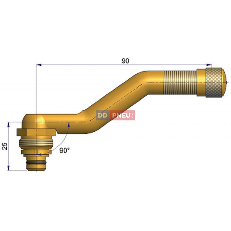 Bezdušový ventil EM typ EU – 3x zahnutý, A 25mm, B 90mm, úhel 90°