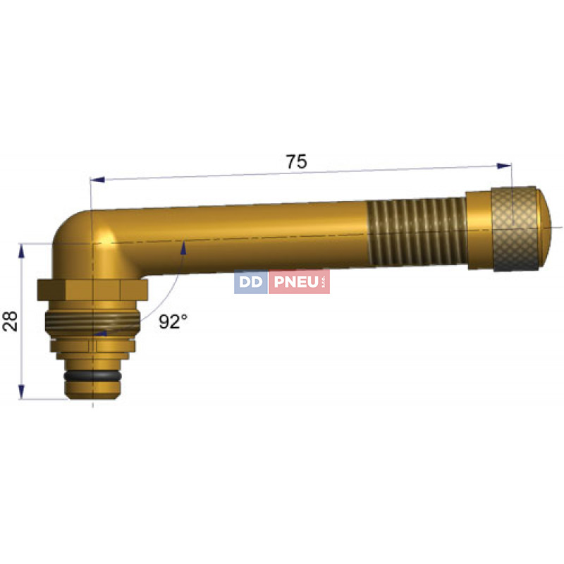 Bezdušový ventil EM typ EU – 1x zahnutý, A 28mm, B 75mm, úhel 92°