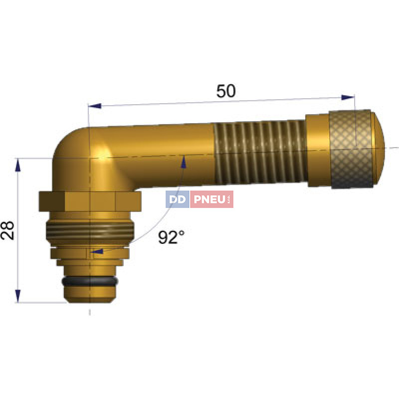 Bezdušový ventil typ EU – 1x zahnutý, A 28mm, B 50mm, úhel 92°