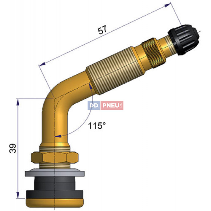 TR623A kovový vodní bezdušový ventil – A 39mm, B 57mm, úhel 115°