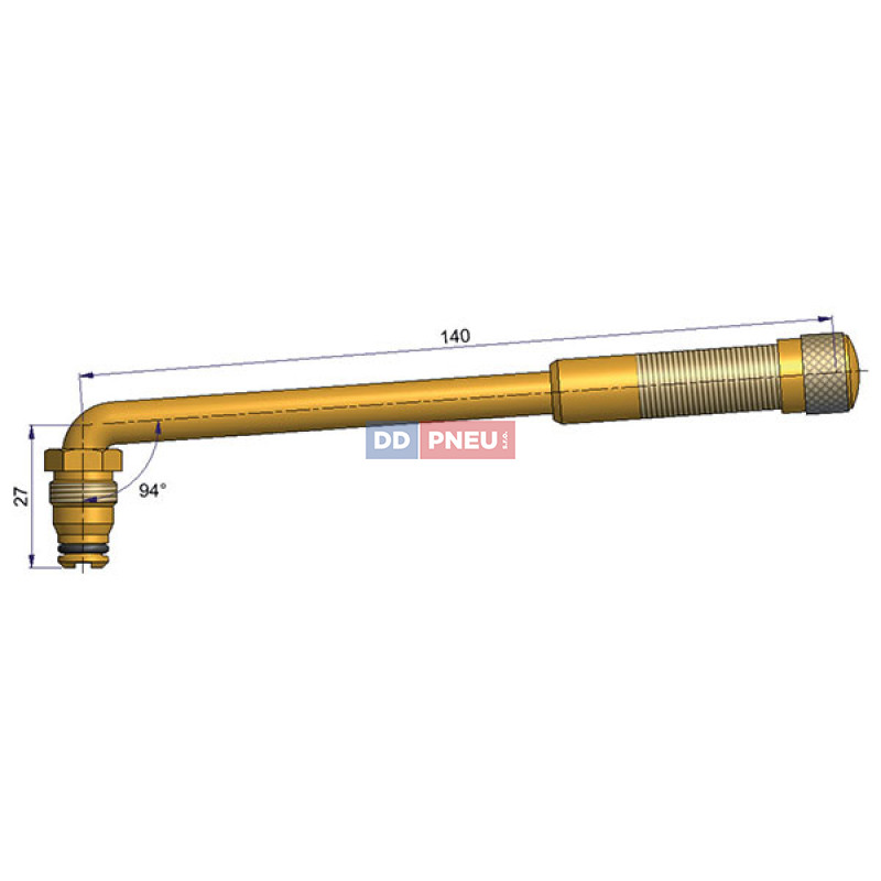 TRJ652 bezdušový ventil EM – 1x zahnutý, A 27mm, B 140mm, úhel 94°