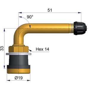 Bezdušový ventil TR570C balón – 1x zahnutý, díra 16mm, délka 51mm