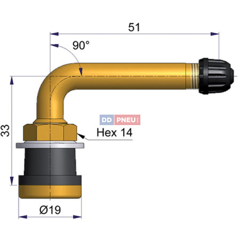 Bezdušový ventil TR570C balón – 1x zahnutý, díra 16mm, délka 51mm