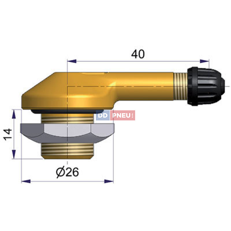 Bezdušový ventil typ Sephie – 1x zahnutý, díra 16mm, délka 40mm, závit 14mm