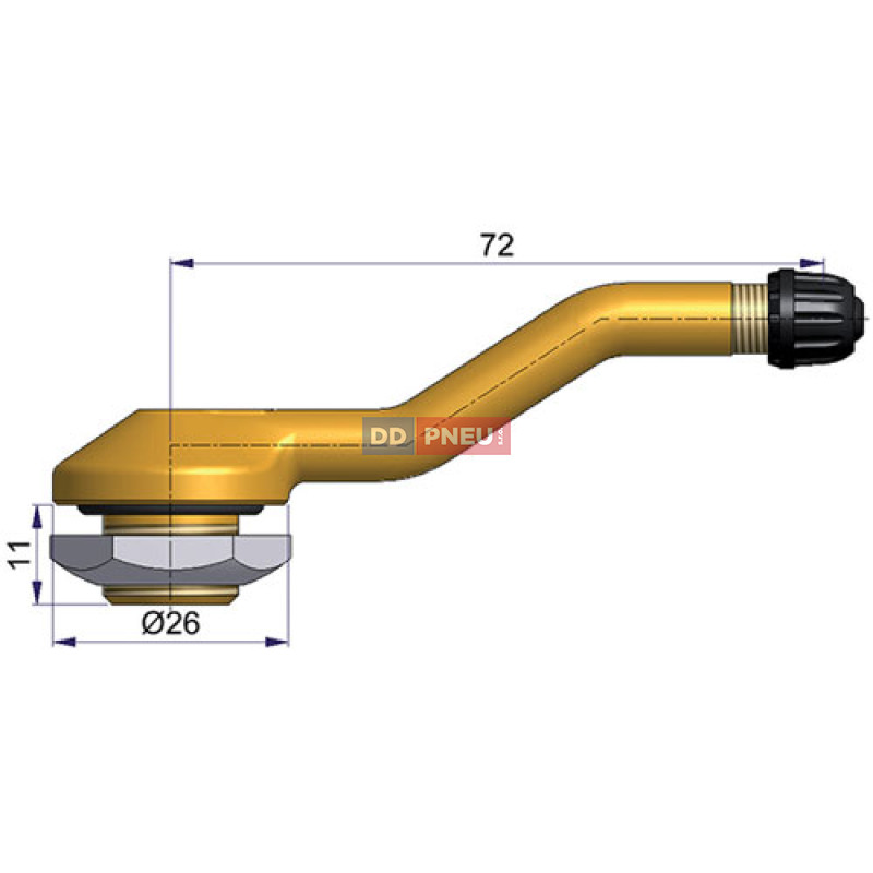 Bezdušový ventil typ Sephie – 2x zahnutý, díra 16mm, délka 72mm