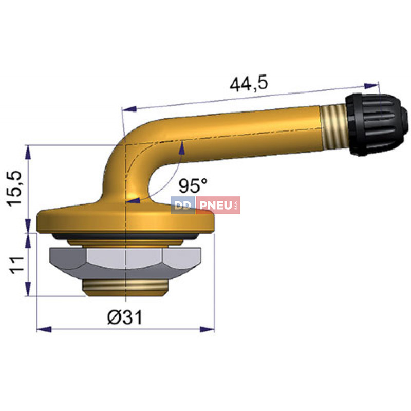 Bezdušový ventil typ Sephie – 1x zahnutý, díra 20,5mm, délka 44,5mm