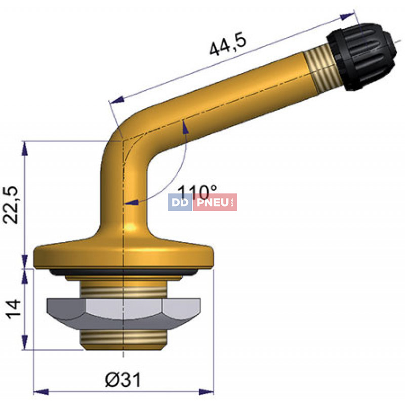 Bezdušový ventil typ Sephie – 1x zahnutý, díra 20,5mm, délka 44,5mm, závit 14mm