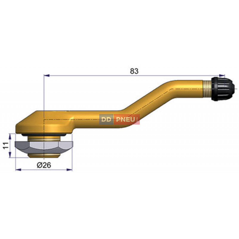 Bezdušový ventil typ Sephie – 2x zahnutý, díra 16mm, délka 83mm