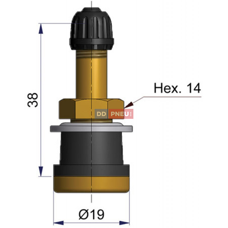 Bezdušový ventil TR501 balón – rovný, díra 16mm, délka 38 mm
