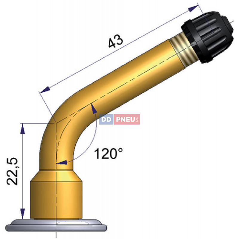Dušový ventil typ Michelin – 1x zahnutý, A 22,5mm, B 43mm, úhel 120°
