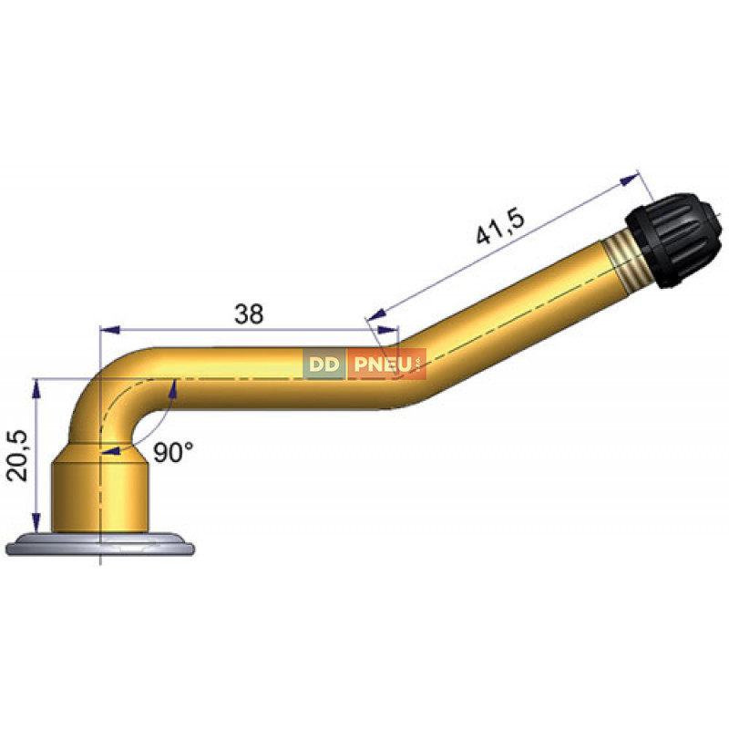 Dušový ventil V 3.04.2 – 2x zahnutý, A 20,5mm, B 38mm, C 41,5mm, úhel 90°