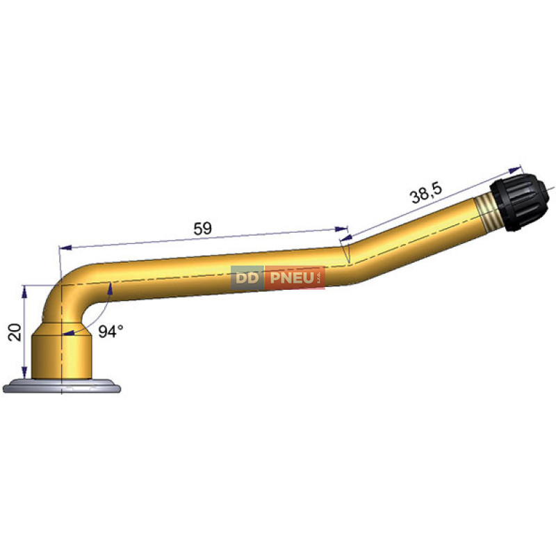 Dušový ventil typ Michelin – 2x zahnutý, A 20mm, B 59mm, C 38,5mm, úhel 94°