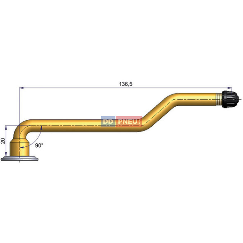 Dušový ventil typ Michelin – 3x zahnutý, A 20mm, B 136,5mm, úhel 90°